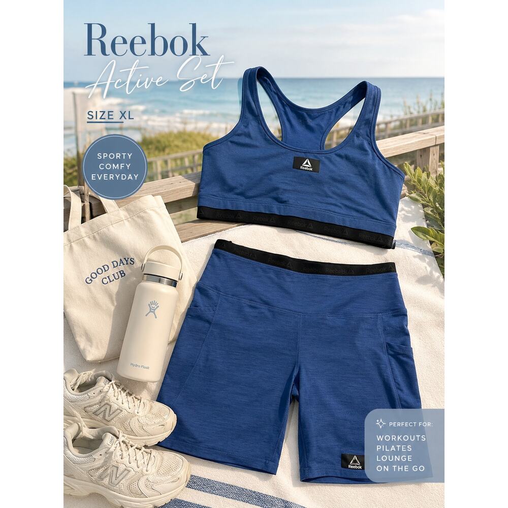Reebok Blue Matching Activewear Set XL Sports Bra Biker Shorts Workout Set